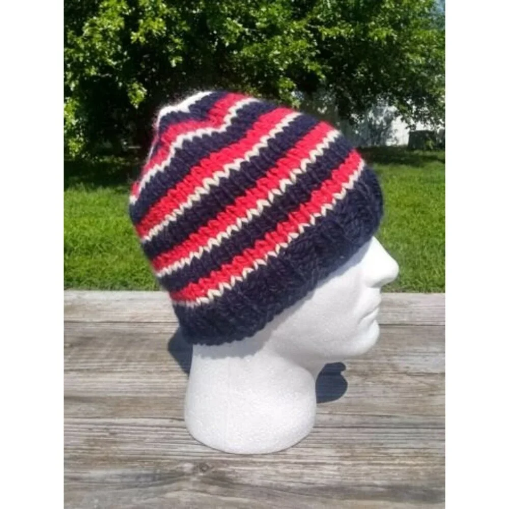 Handmade Mens Beanie Hat Alpaca Wool Cap Soft Chunky Knit Red White Blue USA - Picture 3 of 11